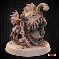 Clockwork Anglerfish Land Variant by Mia Kay M3DM — bulbous mechanical fish body on articulated chain-link legs, gaping jaw lined with long curved teeth, coiled pipe lure arching overhead, gear-strewn base.
