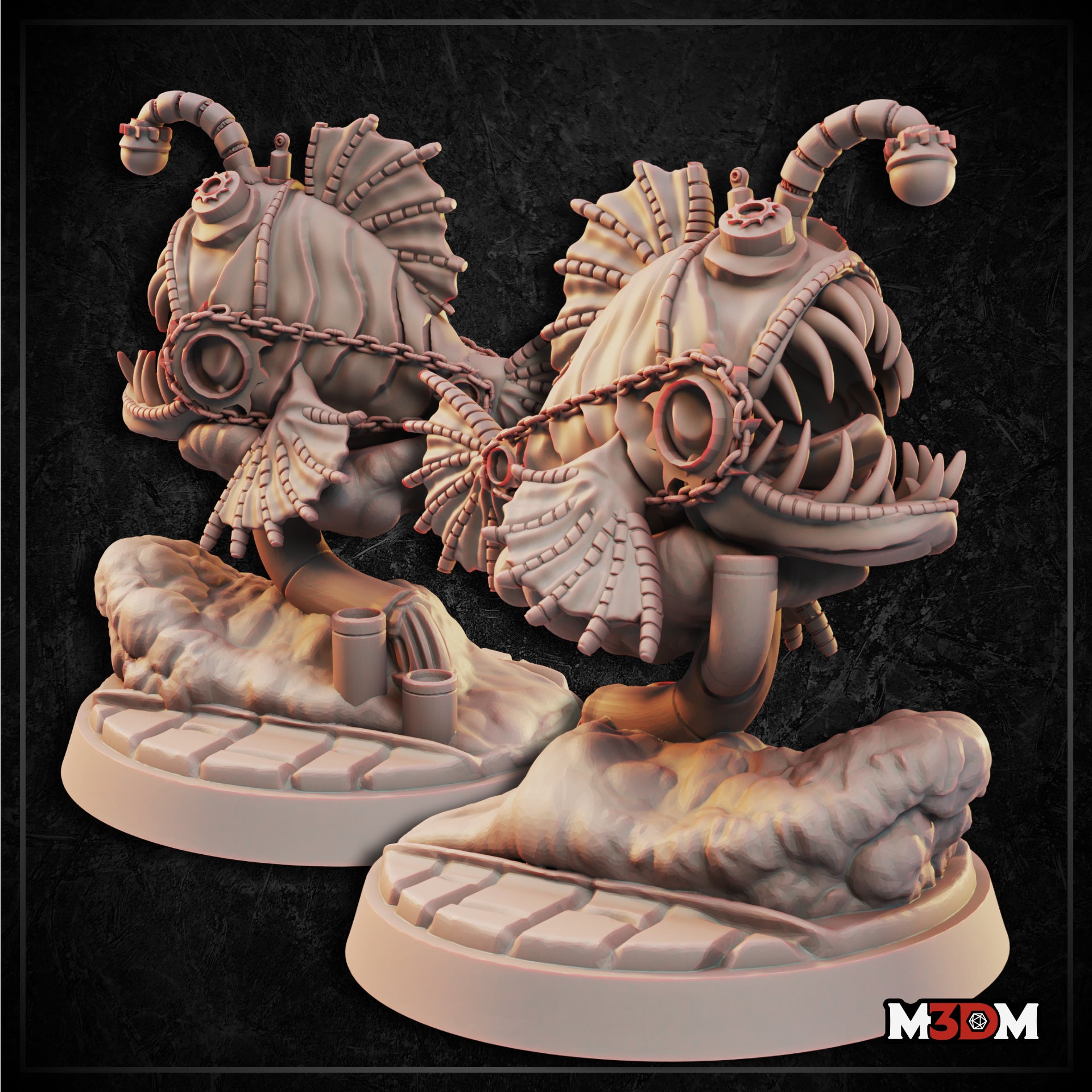 Two renders of the Clockwork Anglerfish by Mia Kay M3DM side by side — a bulbous mechanised fish body covered in overlapping scales and riveted plating, wrapped in heavy chains, with a curved pipe lure rising from the top. Wide open jaws lined with jagged teeth, fanned fin-like exhaust vanes at the sides, and a textured industrial base with small pipe stubs.