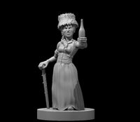 Female Clurichaun miniature grinning broadly, holding a wine bottle aloft in one hand and a notched blade at her side, wearing a wide straw hat, bound corset, and long skirt. Sculpt by MZ4250.