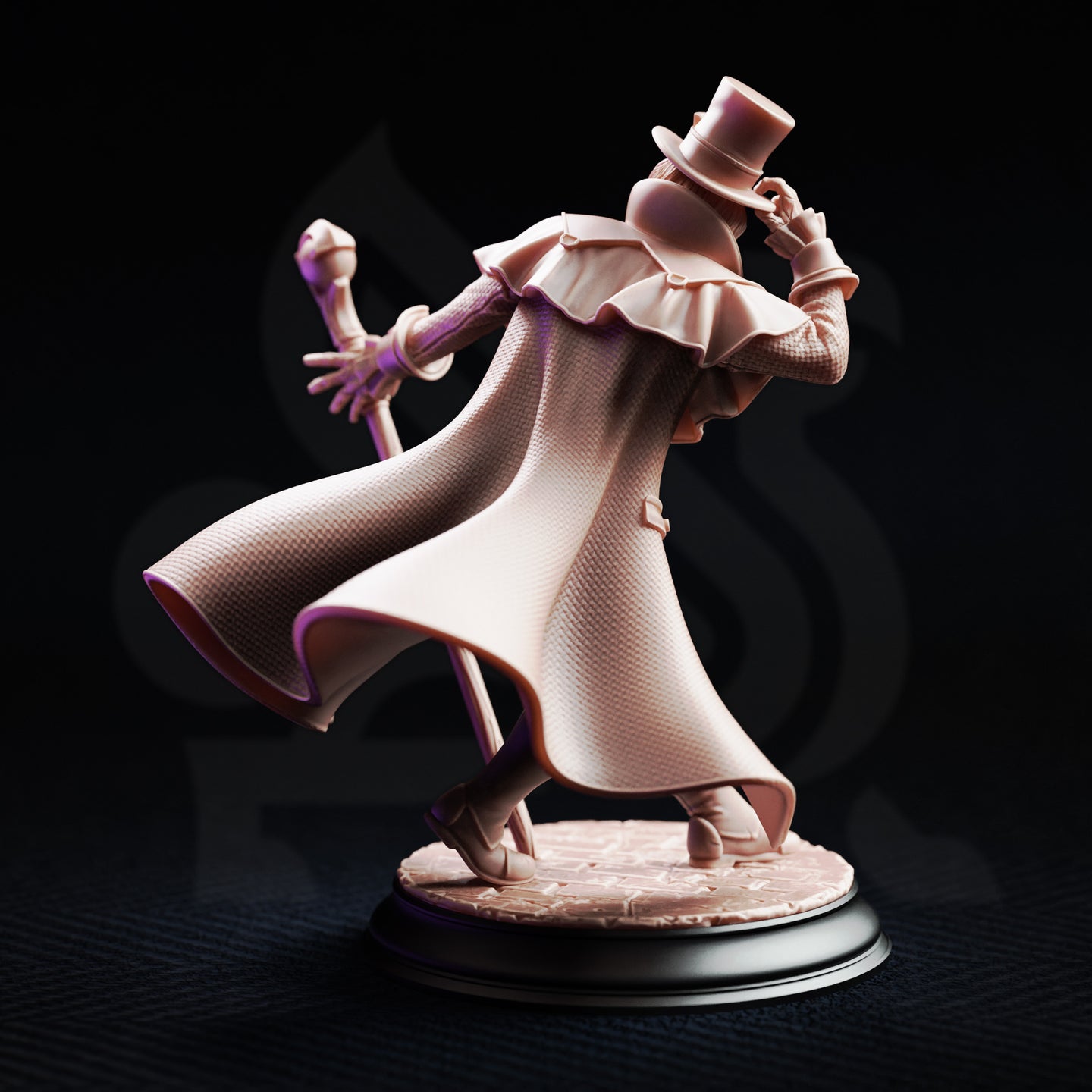 Rear three-quarter view of the unpainted grey resin Cobalt Fairfax miniature on a plain black background, showing the billowing coat with woven fabric texture, frilled collar, top hat, and staff with orb pommel, mounted on a sculpted cobblestone round base