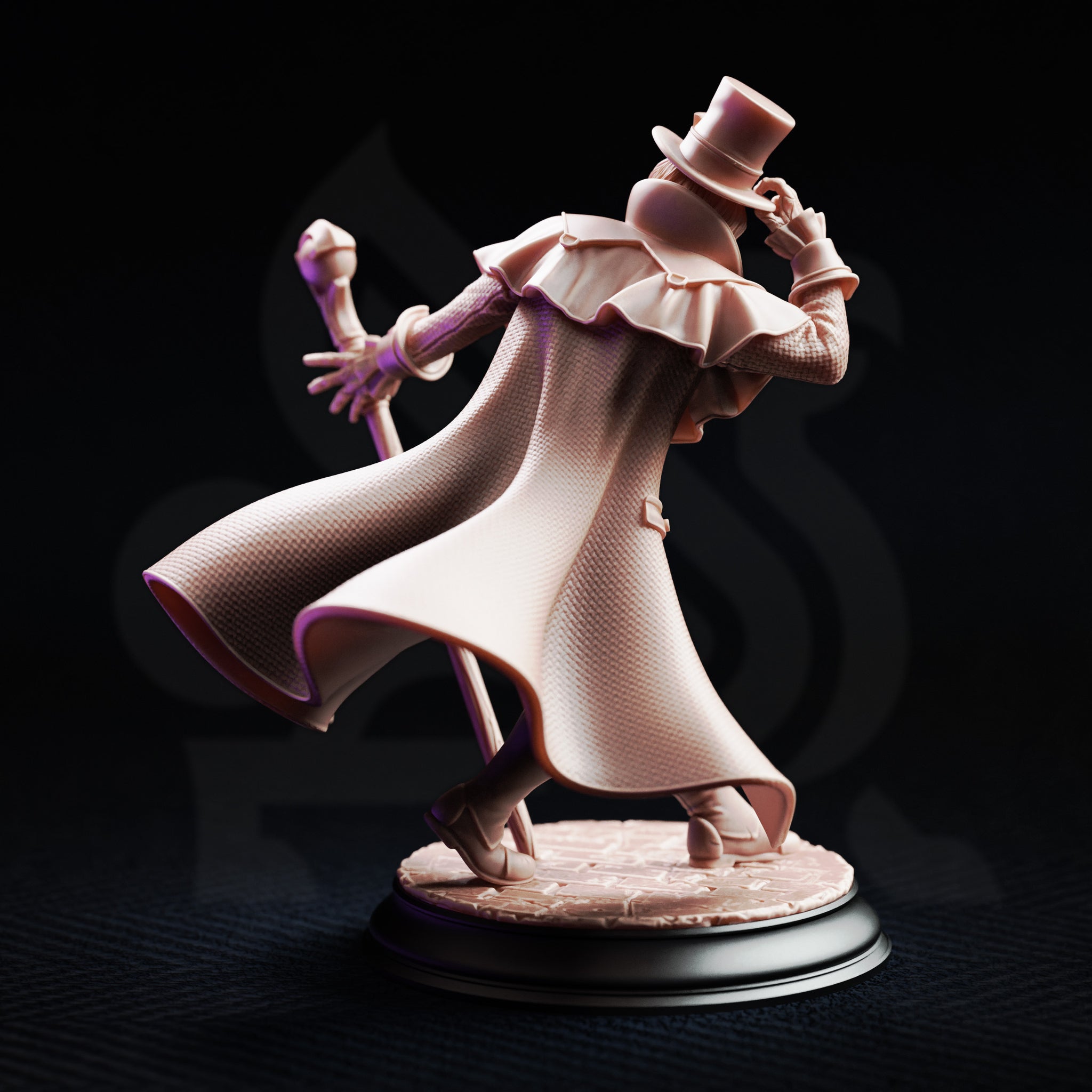 Rear three-quarter view of the unpainted grey resin Cobalt Fairfax miniature on a plain black background, showing the billowing coat with woven fabric texture, frilled collar, top hat, and staff with orb pommel, mounted on a sculpted cobblestone round base
