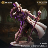 Digital render of Cobalt Fairfax Professor of Transmutation miniature by DM Stash — a scarred male human wizard in a billowing long coat and top hat, tipping his hat with one hand and planting an orb-topped staff with the other, shown against an arcane university hall background