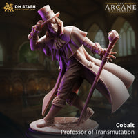 Digital render of Cobalt Fairfax Professor of Transmutation miniature by DM Stash — a scarred male human wizard in a billowing long coat and top hat, tipping his hat with one hand and planting an orb-topped staff with the other, shown against an arcane university hall background