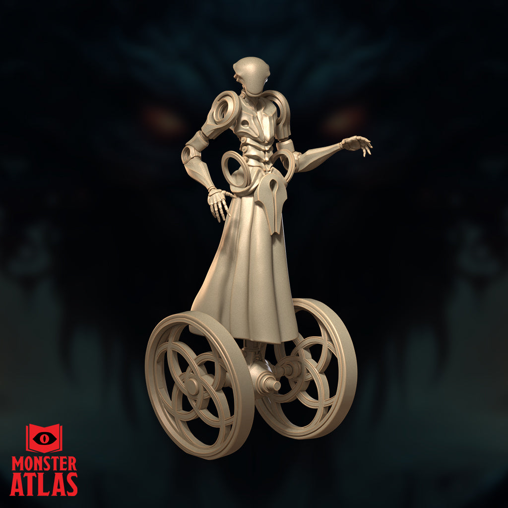 Wheeled humanoid construct miniature with a long coat, spoked wheels for legs, articulated metal torso, and one arm extended mid-gesture. Sculpt by Monster Atlas.