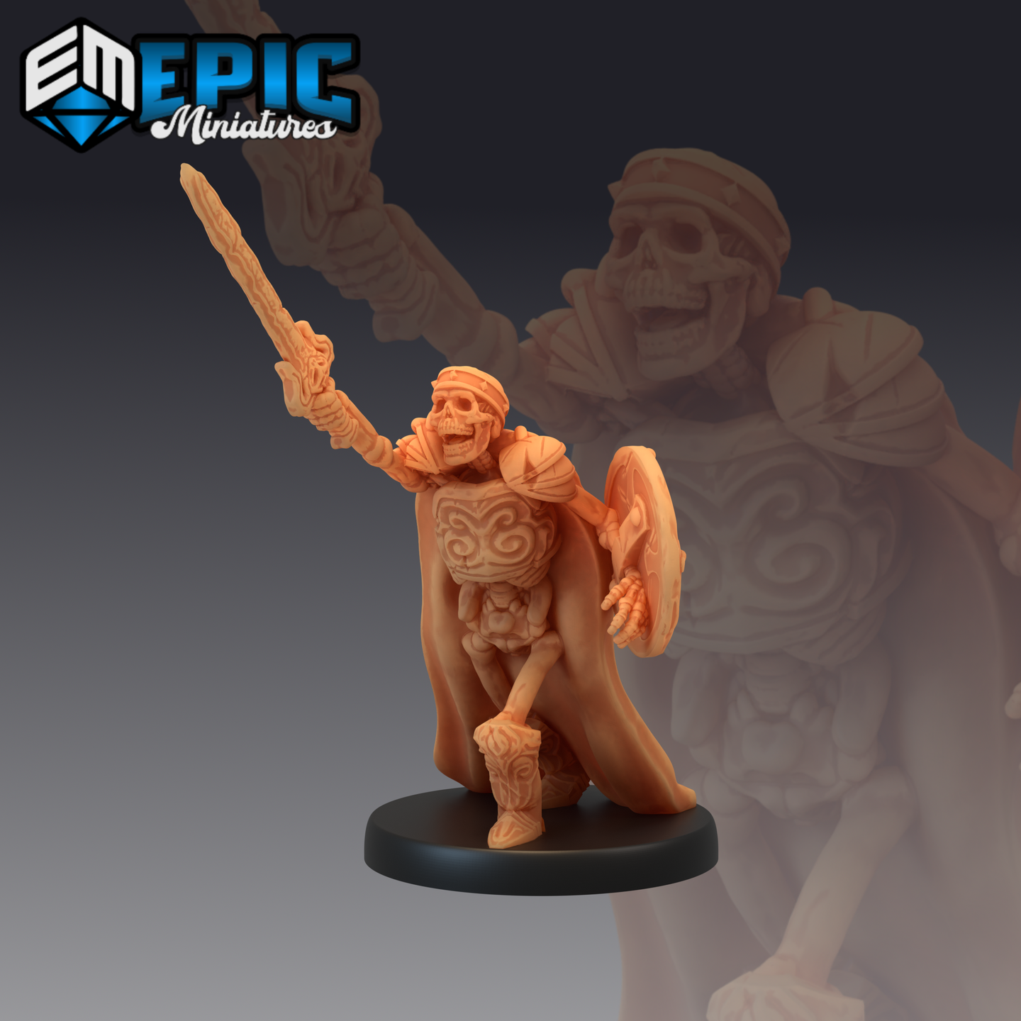 Skeletal commander mini by Epic Miniatures, sword raised overhead in a war cry, holding a broad shield, wearing ornate tribal-carved breastplate, greaves, and a flowing cloak, bare bone limbs visible between armour panels.