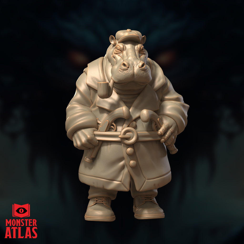 Front-facing hippofolk miniature showing a wide-set stance in laced boots, bulky trench coat with deep fabric folds, and a steampunk device cradled in both hands. Sculpt by Monster Atlas.