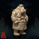 Stocky hippofolk miniature in a heavy trench coat, holding a steampunk mechanical device to his chest, pipe at jaw corner, flat cap tilted slightly. Sculpt by Monster Atlas.