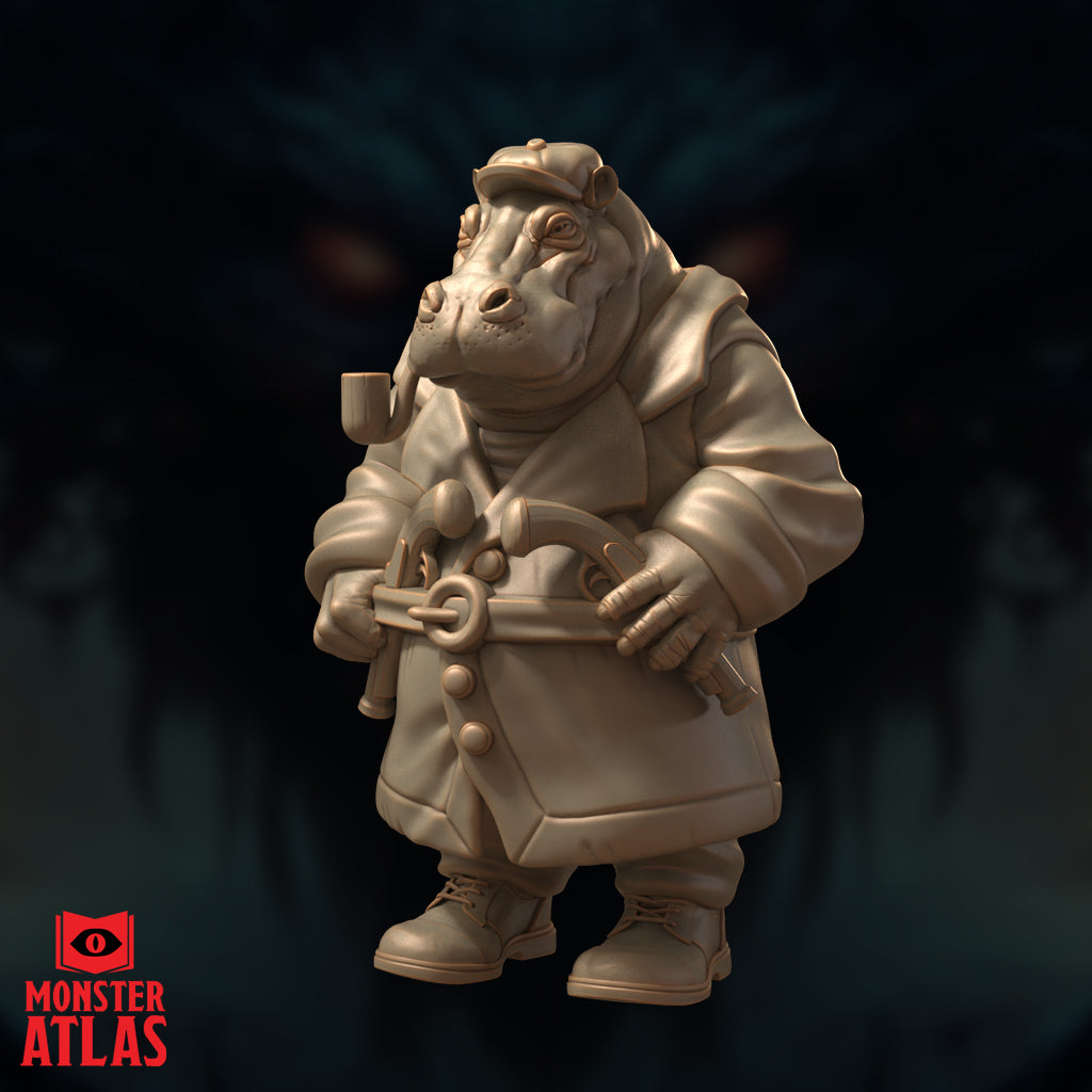 Hippofolk veteran miniature with broad hippopotamus head and half-lidded eyes, clutching a coiled mechanical device, wearing a double-breasted coat with large buttons. Sculpt by Monster Atlas.