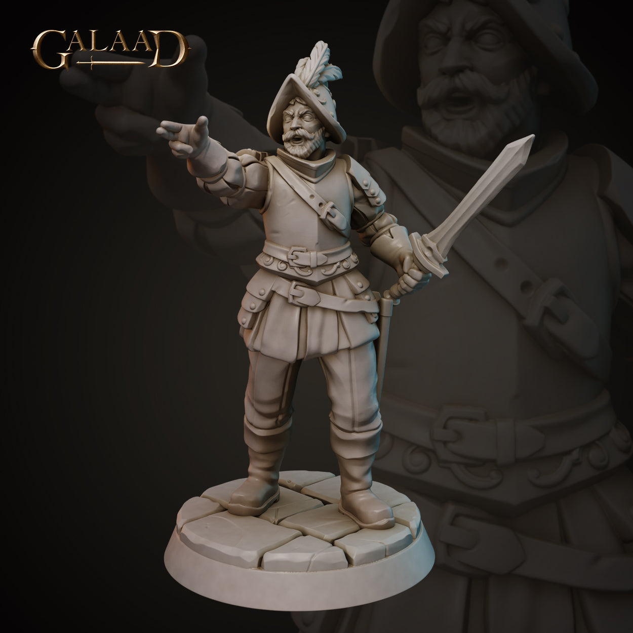 Front view of an unpainted grey resin Conquistador miniature at 32mm scale, sculpted by Galaad Miniatures. The figure wears layered leather armour with double buckled belts and faulds, and a broad-brimmed feathered hat. He holds a short sword in his right hand and extends his left arm outward in a commanding gesture. His bearded face bears a stern, authoritative expression. He stands on a round cobblestone base.