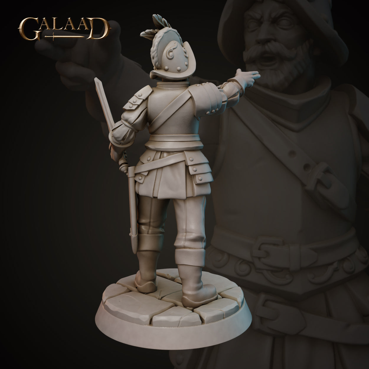 Rear three-quarter view of the same unpainted grey resin Conquistador miniature by Galaad Miniatures, showing the back detail of his layered armour, shoulder plate, cross-body strap, and feathered morion helmet. The short sword is visible in his lowered right hand and his left arm is outstretched. The cobblestone base detail is clearly visible.