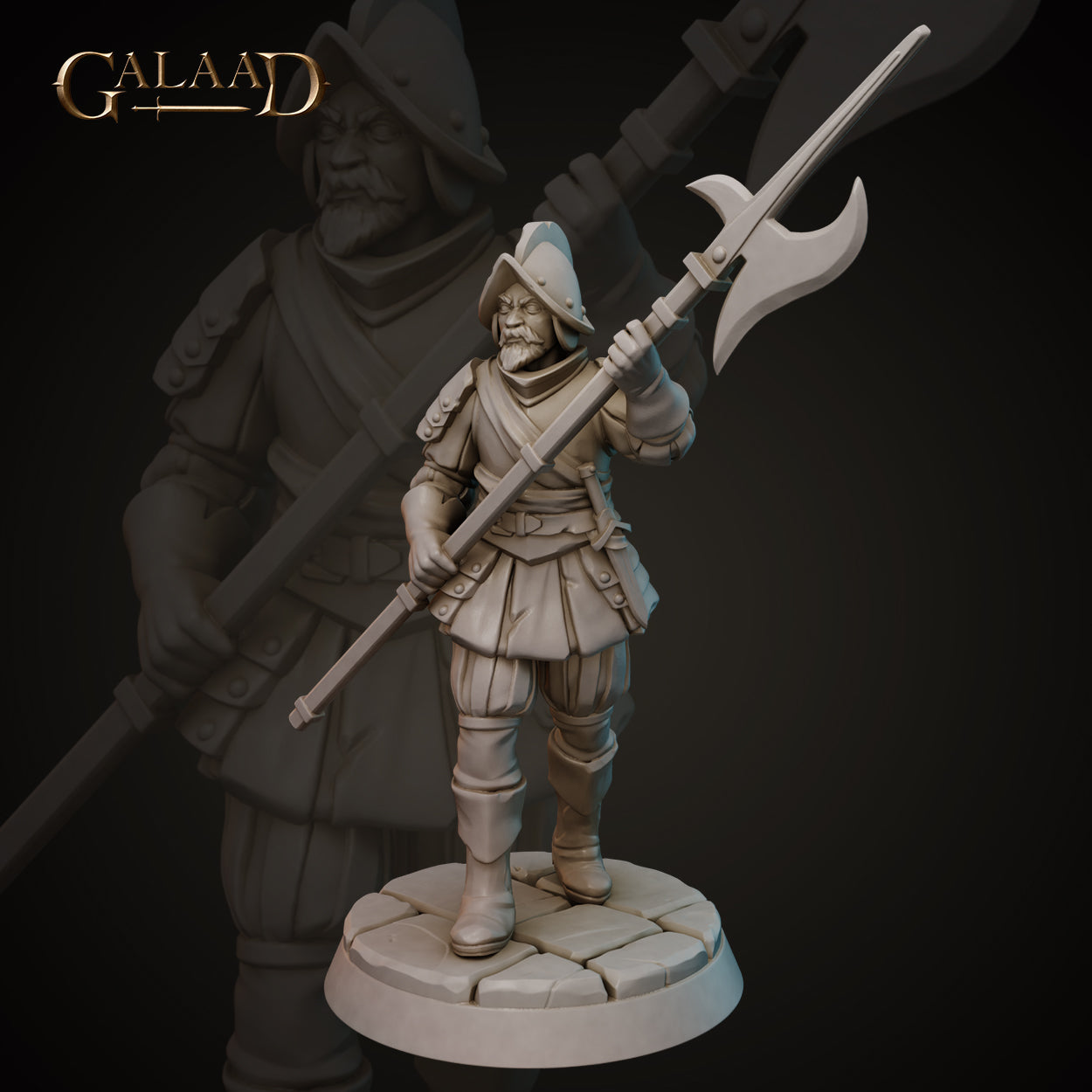 Front view of an unpainted grey resin 3D printed miniature of a stocky bearded soldier in padded armour and a wide-brimmed morion helmet, striding forward while raising a long halberd. Sculpted by Galaad Miniatures at 32mm scale on a cobblestone base.