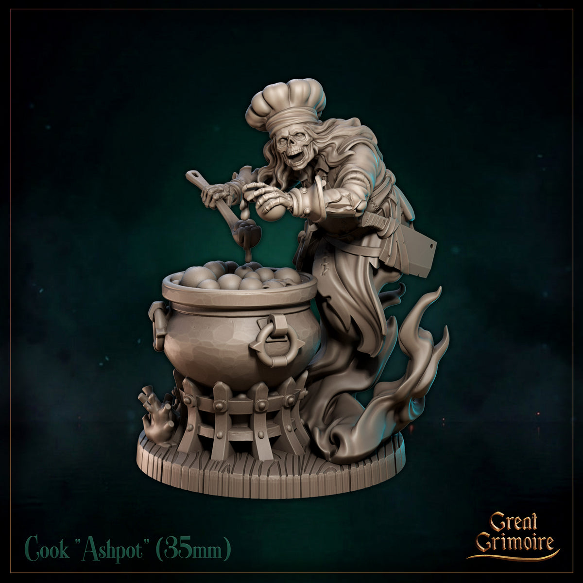 Skeletal chef miniature leaning over an iron cauldron, wearing a tall toque, holding a dripping ladle, with a cleaver at his hip and ghostly flames beneath the pot. Sculpt by Great Grimoire.