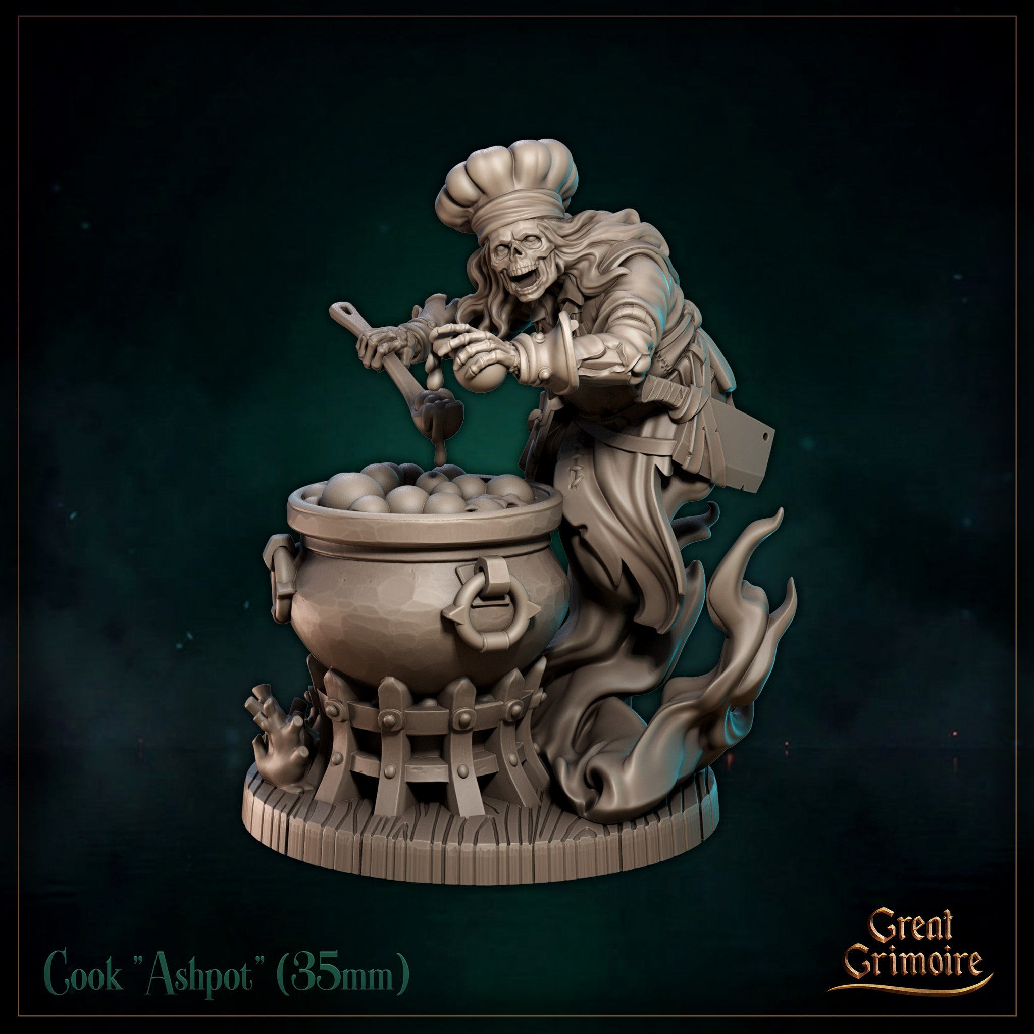 Skeletal chef miniature leaning over an iron cauldron, wearing a tall toque, holding a dripping ladle, with a cleaver at his hip and ghostly flames beneath the pot. Sculpt by Great Grimoire.