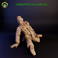 Digital render of Corrupted Villager #4 miniature — an unpainted male figure slumped on the ground, one hand outstretched, with grotesque tumorous growths bursting from his neck and shoulders, sculpted at 32mm scale for D&D and tabletop RPG encounters
