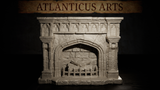 Large gothic stone fireplace terrain piece with pointed arch firebox, ornate tracery mantelpiece, dressed stonework columns, iron grate, and crossed log stack inside. Sculpt by Atlanticus Arts.