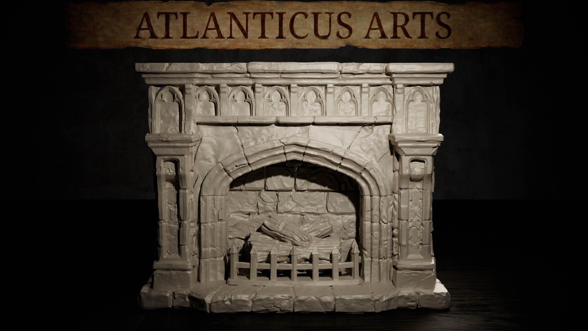 Large gothic stone fireplace terrain piece with pointed arch firebox, ornate tracery mantelpiece, dressed stonework columns, iron grate, and crossed log stack inside. Sculpt by Atlanticus Arts.
