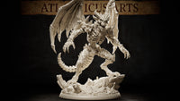 Bone Devil miniature by Atlanticus Arts — skeletal winged devil crouching low, clawed hands reaching forward, exposed ribcage and jagged bone spurs across the body, horned skull face snarling, standing on a shattered stone rubble base.