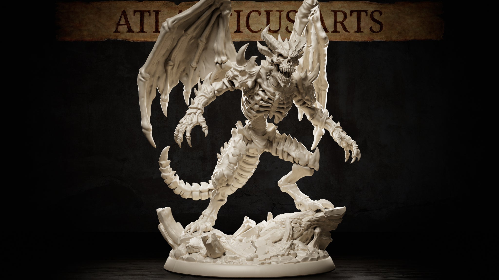 Bone Devil miniature by Atlanticus Arts — skeletal winged devil crouching low, clawed hands reaching forward, exposed ribcage and jagged bone spurs across the body, horned skull face snarling, standing on a shattered stone rubble base.