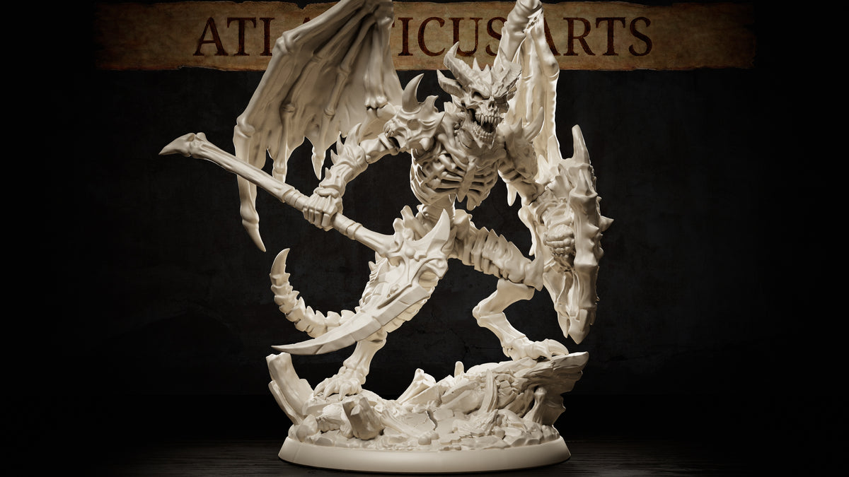 Bone Devil miniature by Atlanticus Arts — skeletal winged devil striding forward, wielding a long bone-hafted glaive in one hand and raising a bony shield fragment in the other, horned skull face grimacing, on a scattered debris scenic base.