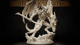 Bone Devil miniature by Atlanticus Arts — skeletal winged devil striding forward, wielding a long bone-hafted glaive in one hand and raising a bony shield fragment in the other, horned skull face grimacing, on a scattered debris scenic base.