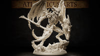 Bone Devil miniature by Atlanticus Arts — skeletal winged devil striding forward, wielding a long bone-hafted glaive in one hand and raising a bony shield fragment in the other, horned skull face grimacing, on a scattered debris scenic base.