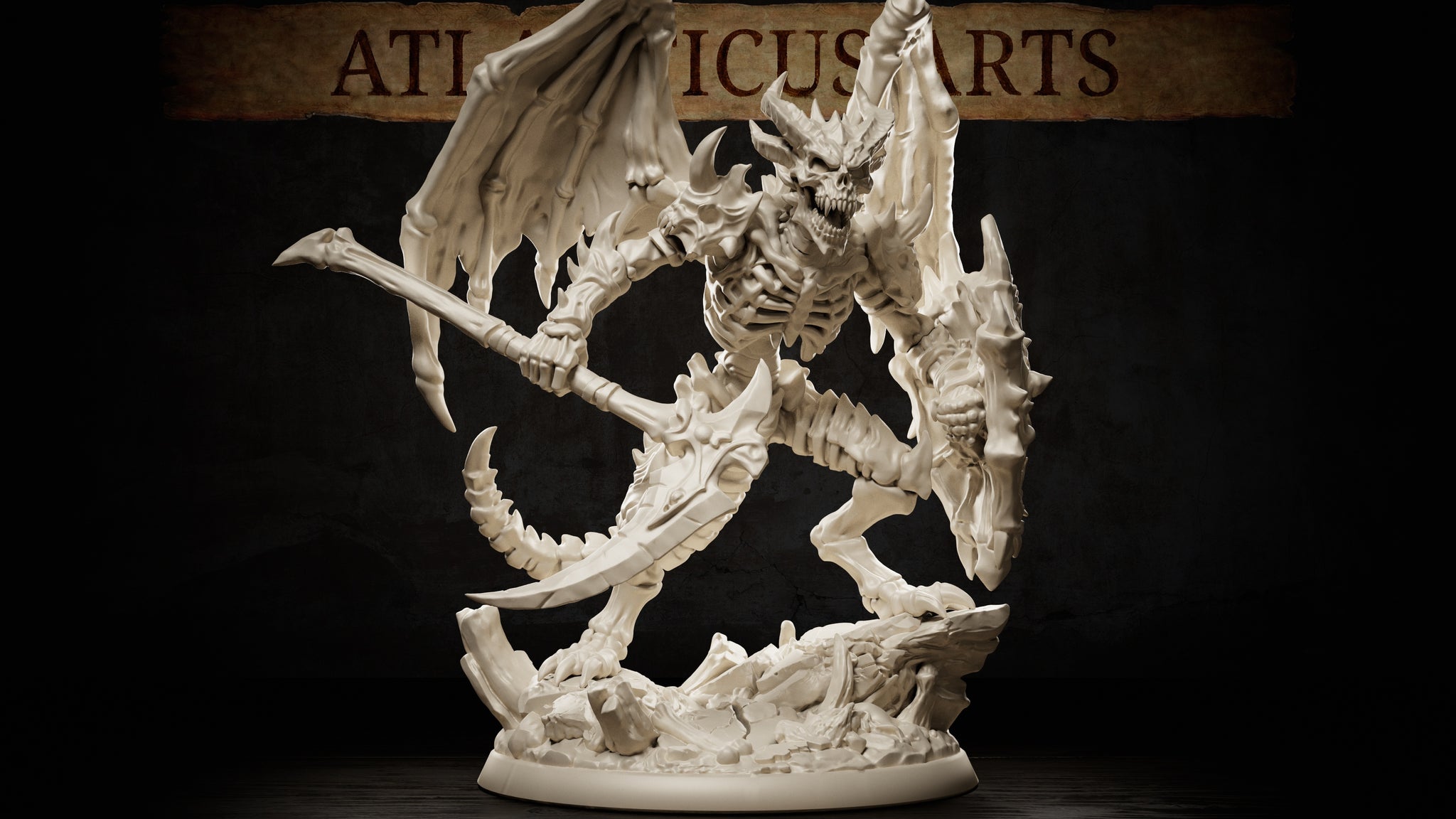 Bone Devil miniature by Atlanticus Arts — skeletal winged devil striding forward, wielding a long bone-hafted glaive in one hand and raising a bony shield fragment in the other, horned skull face grimacing, on a scattered debris scenic base.