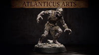 Ghoul miniature by Atlanticus Arts — emaciated undead figure crouching forward aggressively, arms outstretched with long clawed fingers, skull-like face with exposed teeth, tattered cloth and remnant armour strapping across the torso, bone-scattered scenic base.