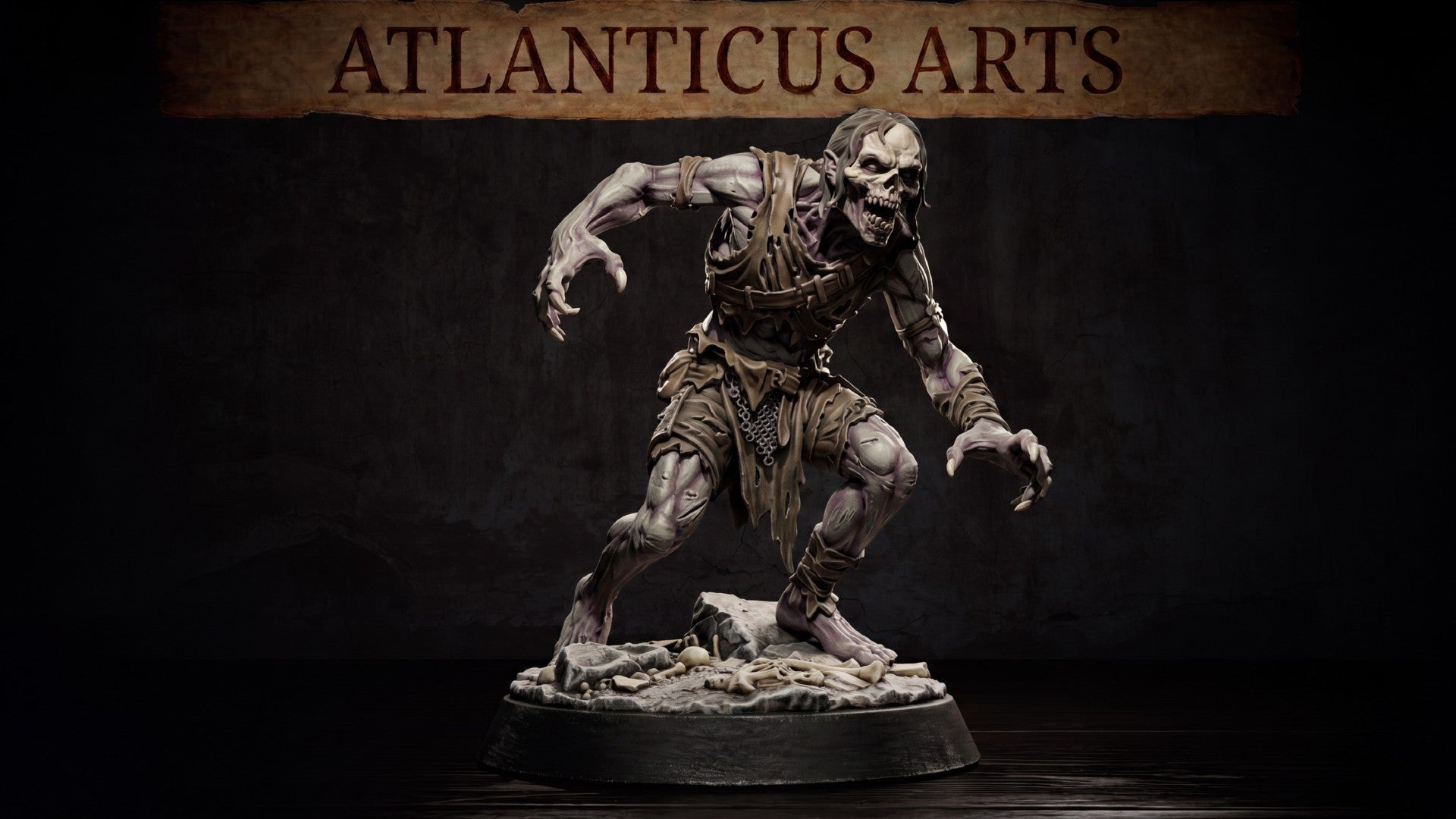 Ghoul miniature by Atlanticus Arts — emaciated undead figure crouching forward aggressively, arms outstretched with long clawed fingers, skull-like face with exposed teeth, tattered cloth and remnant armour strapping across the torso, bone-scattered scenic base.