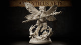 Pixie miniature by Atlanticus Arts hovering with a long gnarled staff held across her body, wearing layered bark and leaf clothing, with large asymmetric veined wings spread wide above a swirling mushroom and root scenic base.