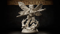 Pixie miniature by Atlanticus Arts hovering with a long gnarled staff held across her body, wearing layered bark and leaf clothing, with large asymmetric veined wings spread wide above a swirling mushroom and root scenic base.