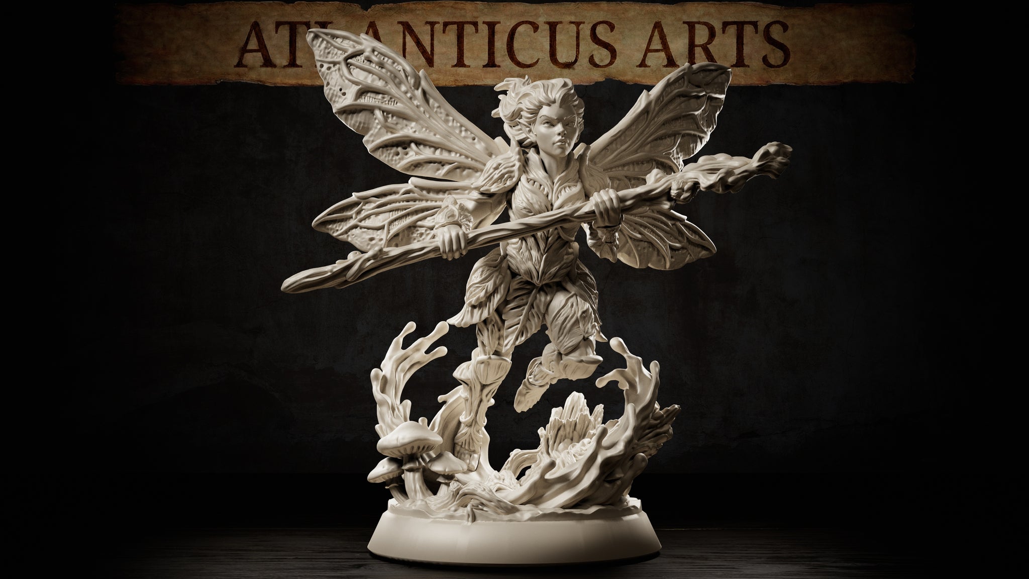 Pixie miniature by Atlanticus Arts hovering with a long gnarled staff held across her body, wearing layered bark and leaf clothing, with large asymmetric veined wings spread wide above a swirling mushroom and root scenic base.
