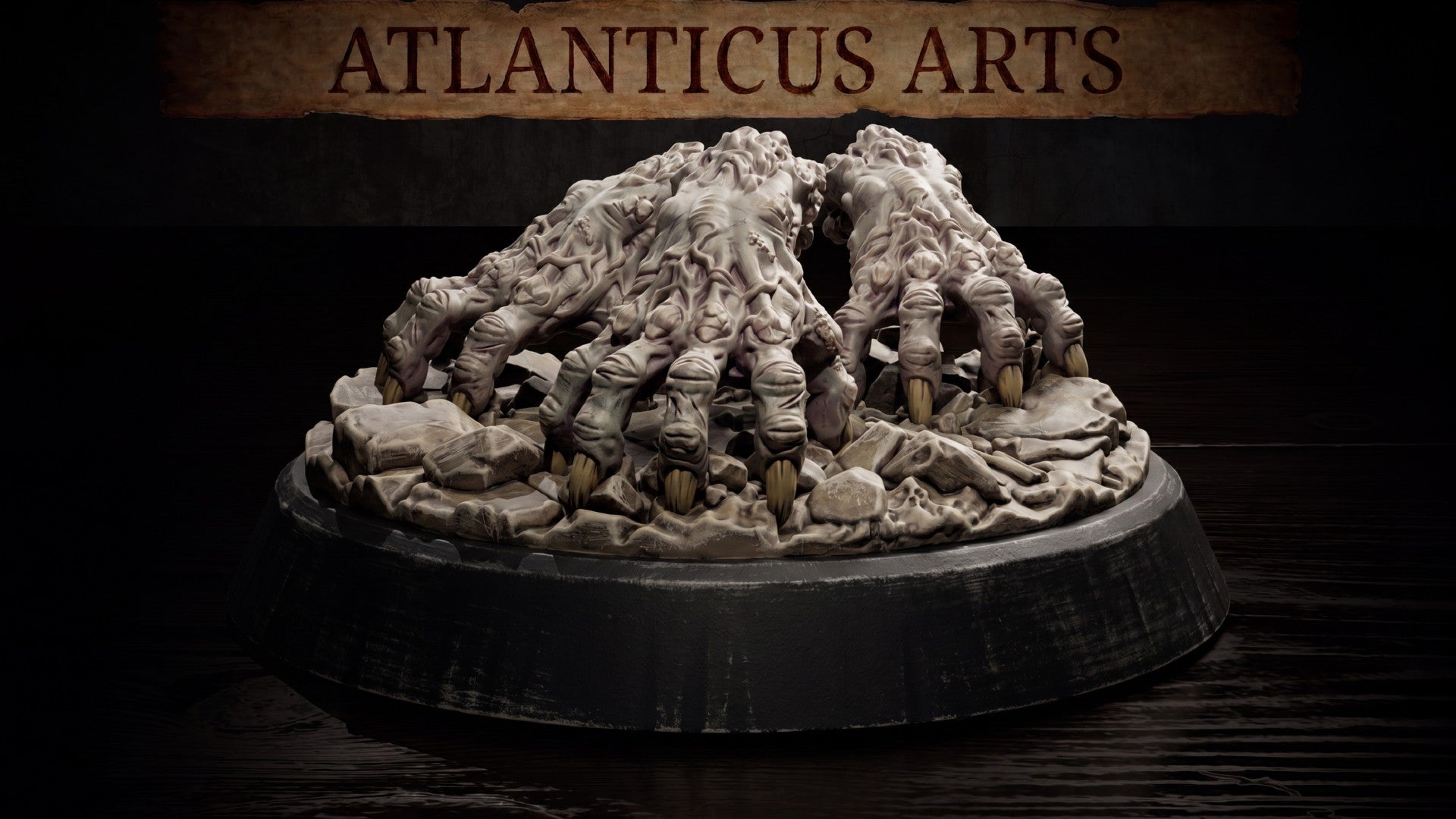 Swarm of Crawling Claws sculpt by Atlanticus Arts: a dense cluster of bloated, clawed undead hands rising from a rubble-strewn base scattered with bones and skull fragments.