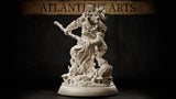 Goat-horned satyr miniature leaning forward with a twisted wooden staff extended, one hoof raised on gnarled roots, wearing layered wraps and leaf pauldrons, mushroom-scattered forest base. Sculpt by Atlanticus Arts.