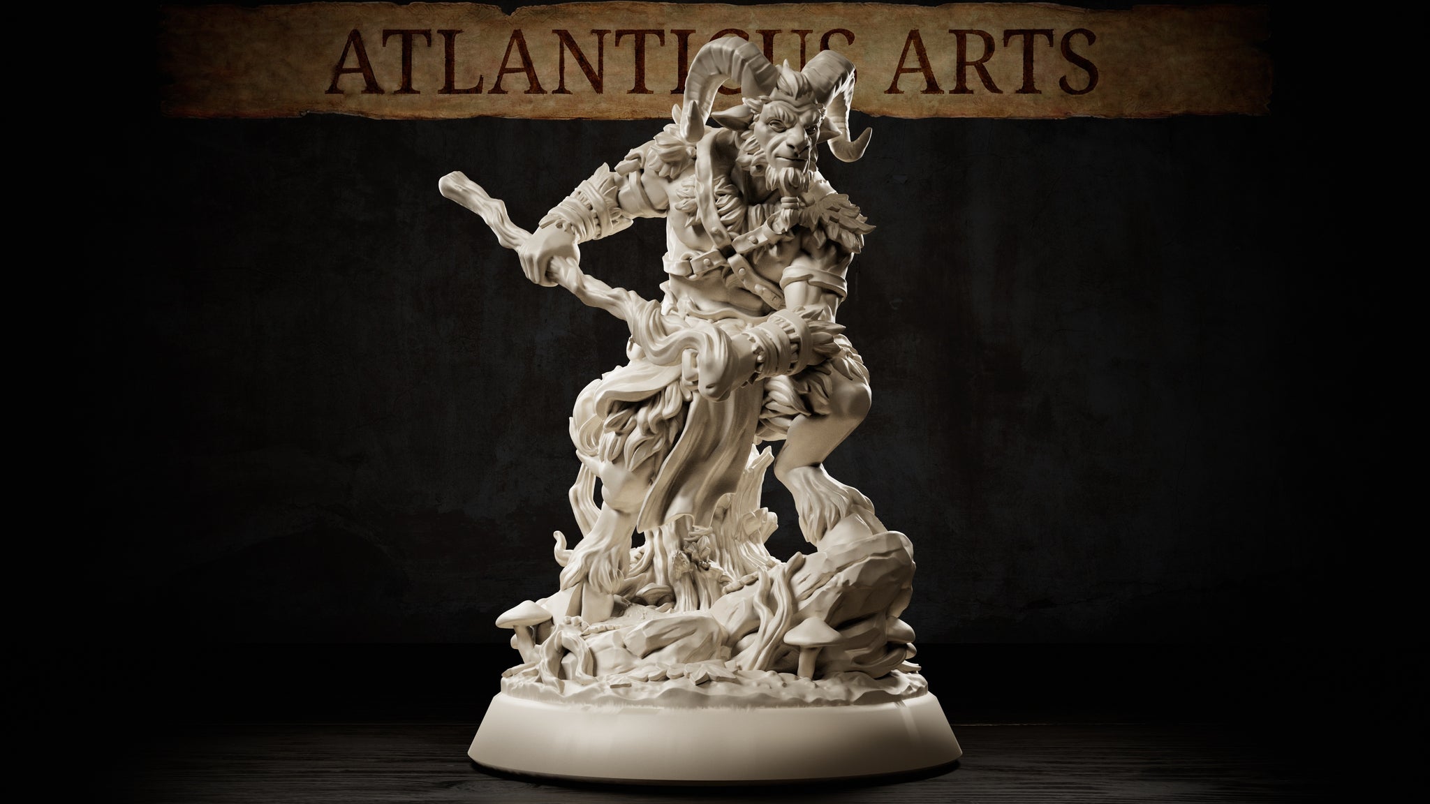 Goat-horned satyr miniature leaning forward with a twisted wooden staff extended, one hoof raised on gnarled roots, wearing layered wraps and leaf pauldrons, mushroom-scattered forest base. Sculpt by Atlanticus Arts.
