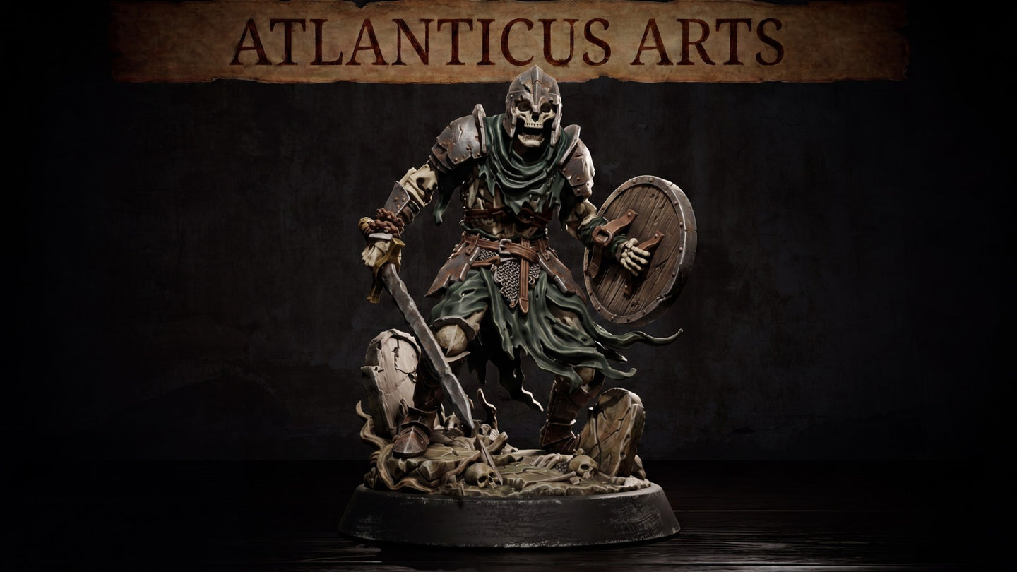 Armoured skeleton warrior striding forward over a base of skulls and cracked tombstones, clutching a lowered longsword and raising a battered round shield, wearing plate armour and a visored helmet with a tattered cloak. Sculpt by Atlanticus Arts.