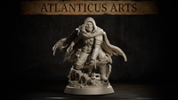 Hooded vampire miniature surging forward mid-stride, one clawed hand reaching forward, wearing layered leather armour and a dramatically billowing tattered cloak, snarling expression, standing on a rubble-strewn scenic base. Sculpt by Atlanticus Arts.