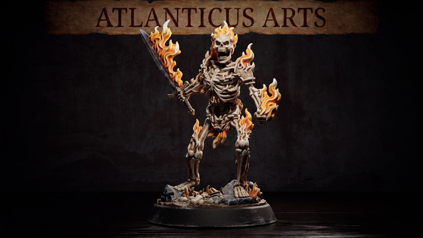 Flaming skeleton miniature advancing with a broadsword raised, fire erupting from skull, elbows, and shins, standing on a bone-strewn base with small ground flames. Sculpt by Atlanticus Arts.