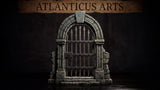 Stone archway terrain piece with a heavy iron-barred gate, featuring pointed bar tips, riveted cross-braces, a keyhole lock plate, and crumbling weathered masonry at the base. Sculpt by Atlanticus Arts.
