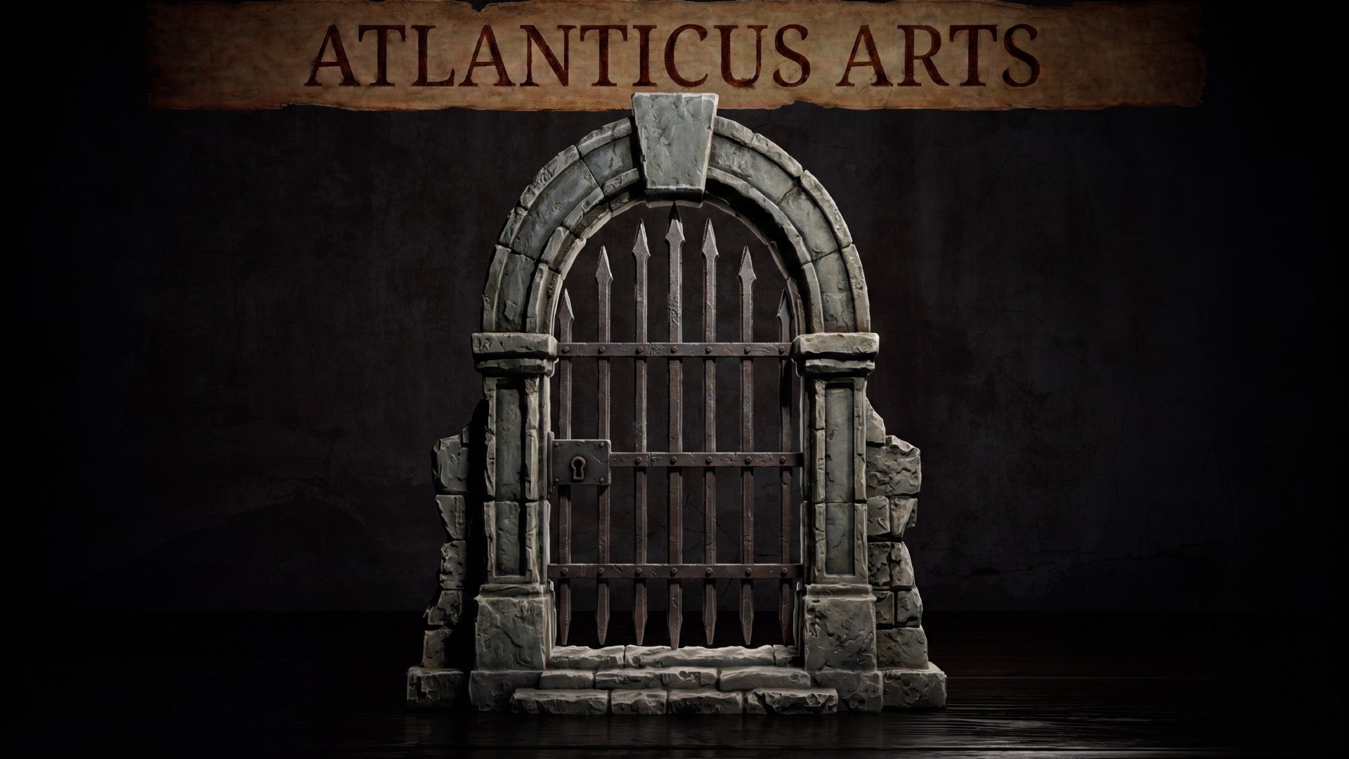 Stone archway terrain piece with a heavy iron-barred gate, featuring pointed bar tips, riveted cross-braces, a keyhole lock plate, and crumbling weathered masonry at the base. Sculpt by Atlanticus Arts.
