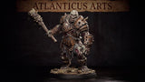 Undead ogre miniature by Atlanticus Arts, lurching forward with a bone-wrapped spiked maul raised, wearing rusted plate armour with open wounds across the torso, skull-like grimacing face, on a bone-scattered base.