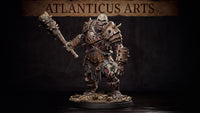 Undead ogre miniature by Atlanticus Arts, lurching forward with a bone-wrapped spiked maul raised, wearing rusted plate armour with open wounds across the torso, skull-like grimacing face, on a bone-scattered base.