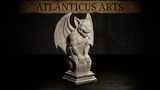Gargoyle miniature by Atlanticus Arts, crouching over an ornate scroll-carved plinth with wings spread wide, clawed hands gripping the stone, mouth open in a silent snarl.