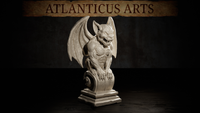 Gargoyle miniature by Atlanticus Arts, crouching over an ornate scroll-carved plinth with wings spread wide, clawed hands gripping the stone, mouth open in a silent snarl.