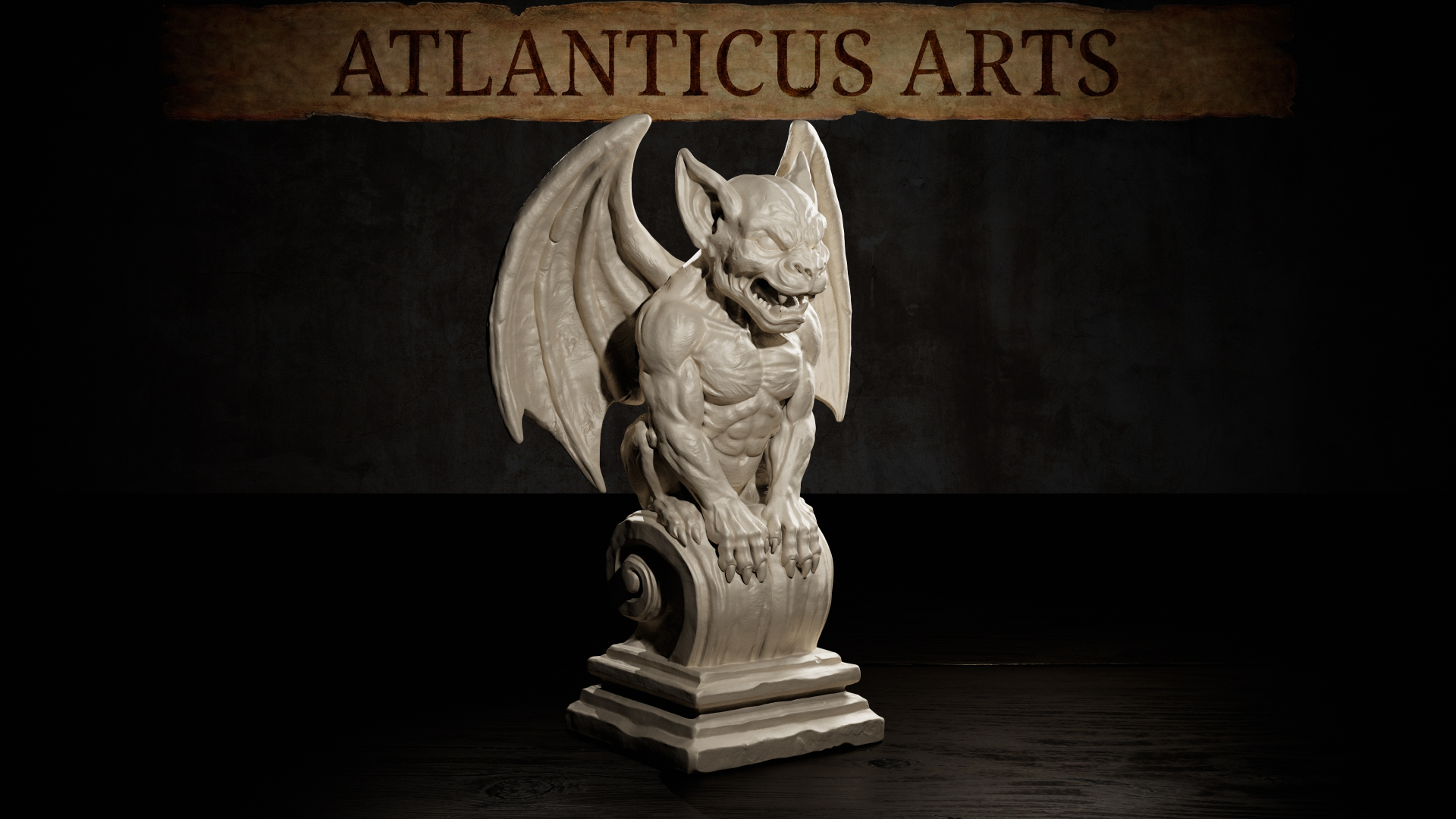 Gargoyle miniature by Atlanticus Arts, crouching over an ornate scroll-carved plinth with wings spread wide, clawed hands gripping the stone, mouth open in a silent snarl.