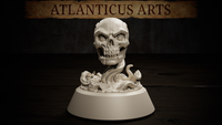 Demilich skull miniature by Atlanticus Arts, rising on swirling necrotic tendrils above shattered stone rubble, with angular faceted cranium and hollow eye sockets. Wide shot.