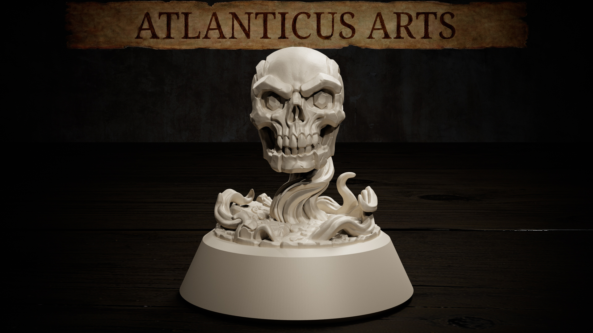 Demilich skull miniature by Atlanticus Arts, rising on swirling necrotic tendrils above shattered stone rubble, with angular faceted cranium and hollow eye sockets. Wide shot.