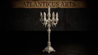 Tall gothic floor candelabra with seven candle arms on scrolling brackets, ornate turned column, claw-footed plinth base, dripping wax on each candle. Sculpt by Atlanticus Arts.