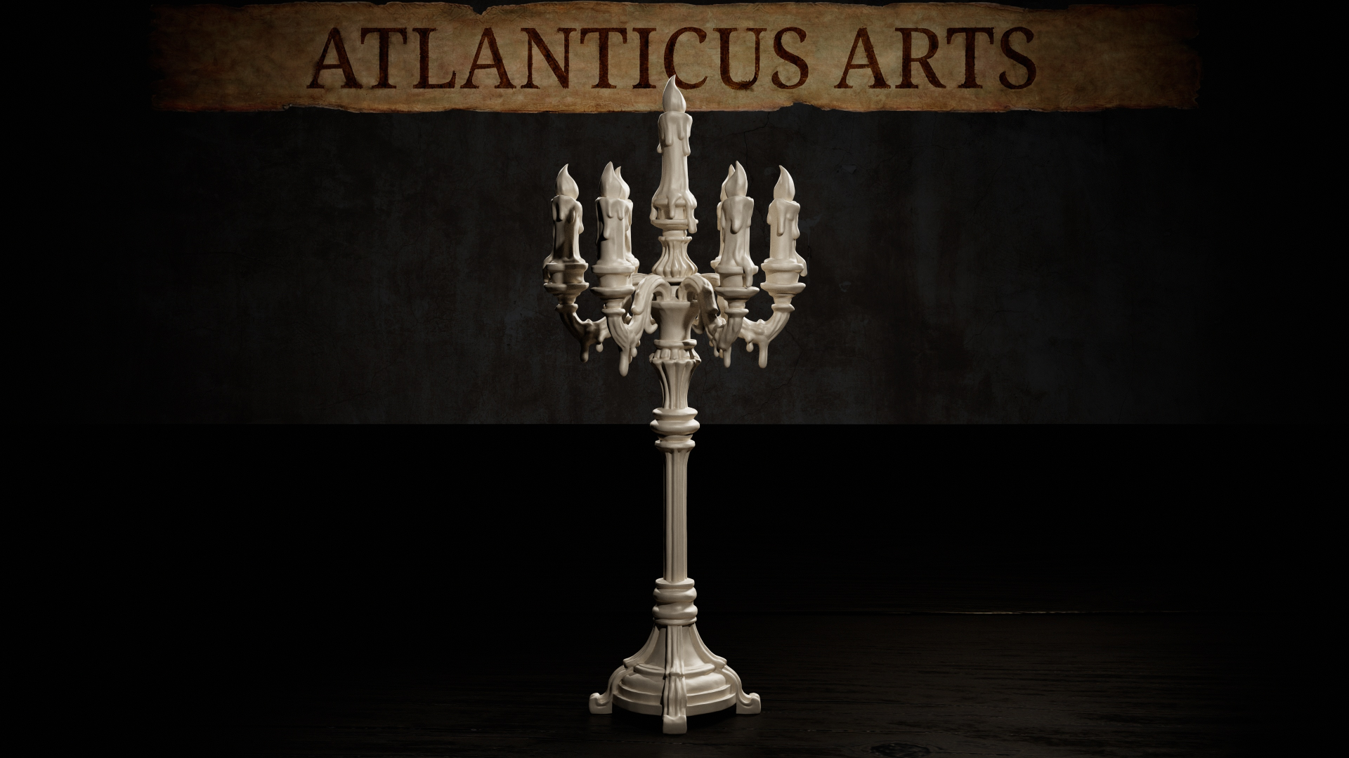 Tall gothic floor candelabra with seven candle arms on scrolling brackets, ornate turned column, claw-footed plinth base, dripping wax on each candle. Sculpt by Atlanticus Arts.