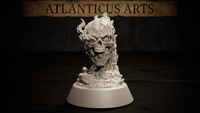 Flameskull by Atlanticus Arts: a bare skull wreathed in sweeping sculpted flames, wearing an arcane glyph-carved crown, rising from a base of scattered tomes and rubble. Wide-angle render.