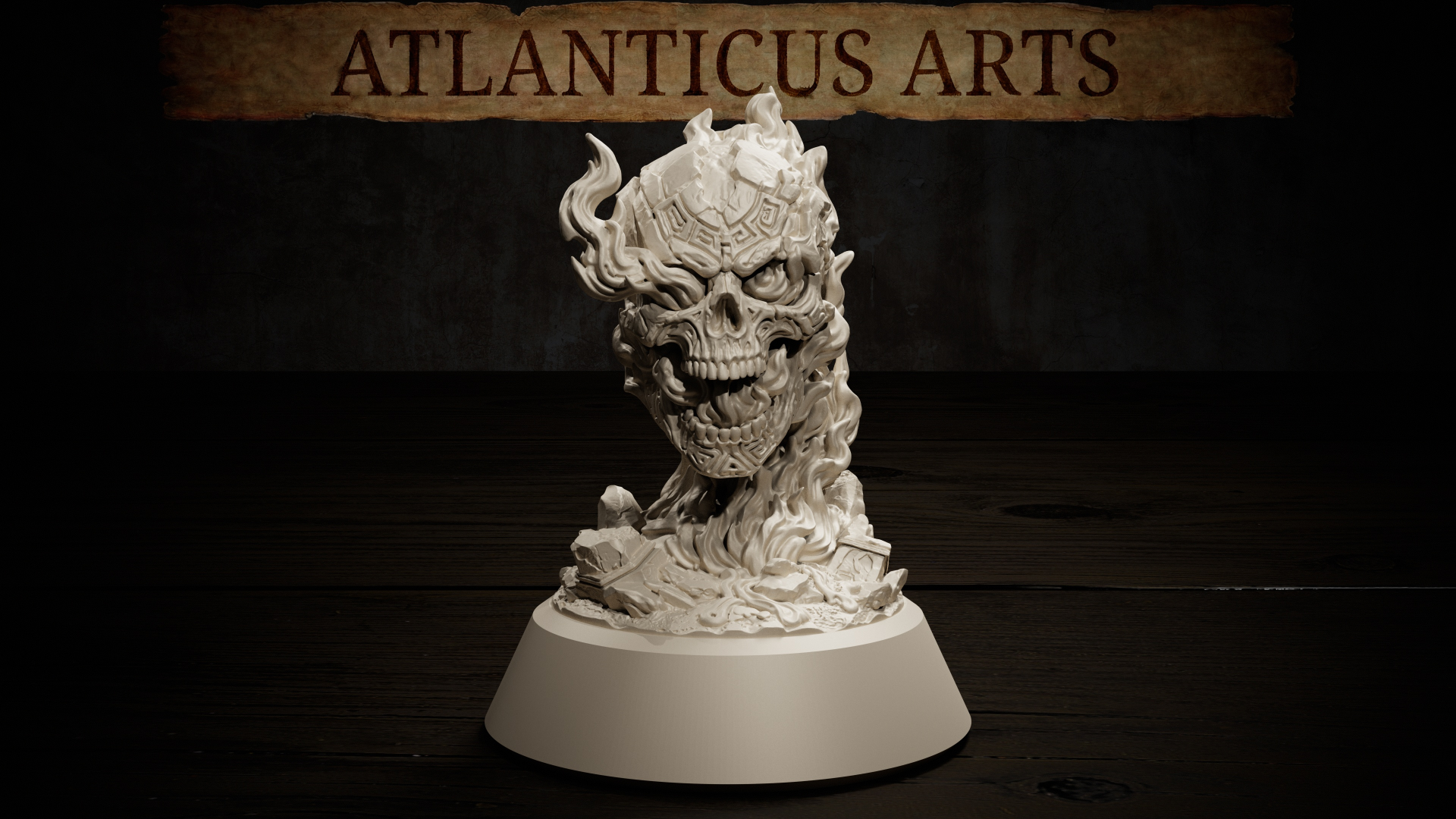 Flameskull by Atlanticus Arts: a bare skull wreathed in sweeping sculpted flames, wearing an arcane glyph-carved crown, rising from a base of scattered tomes and rubble. Wide-angle render.